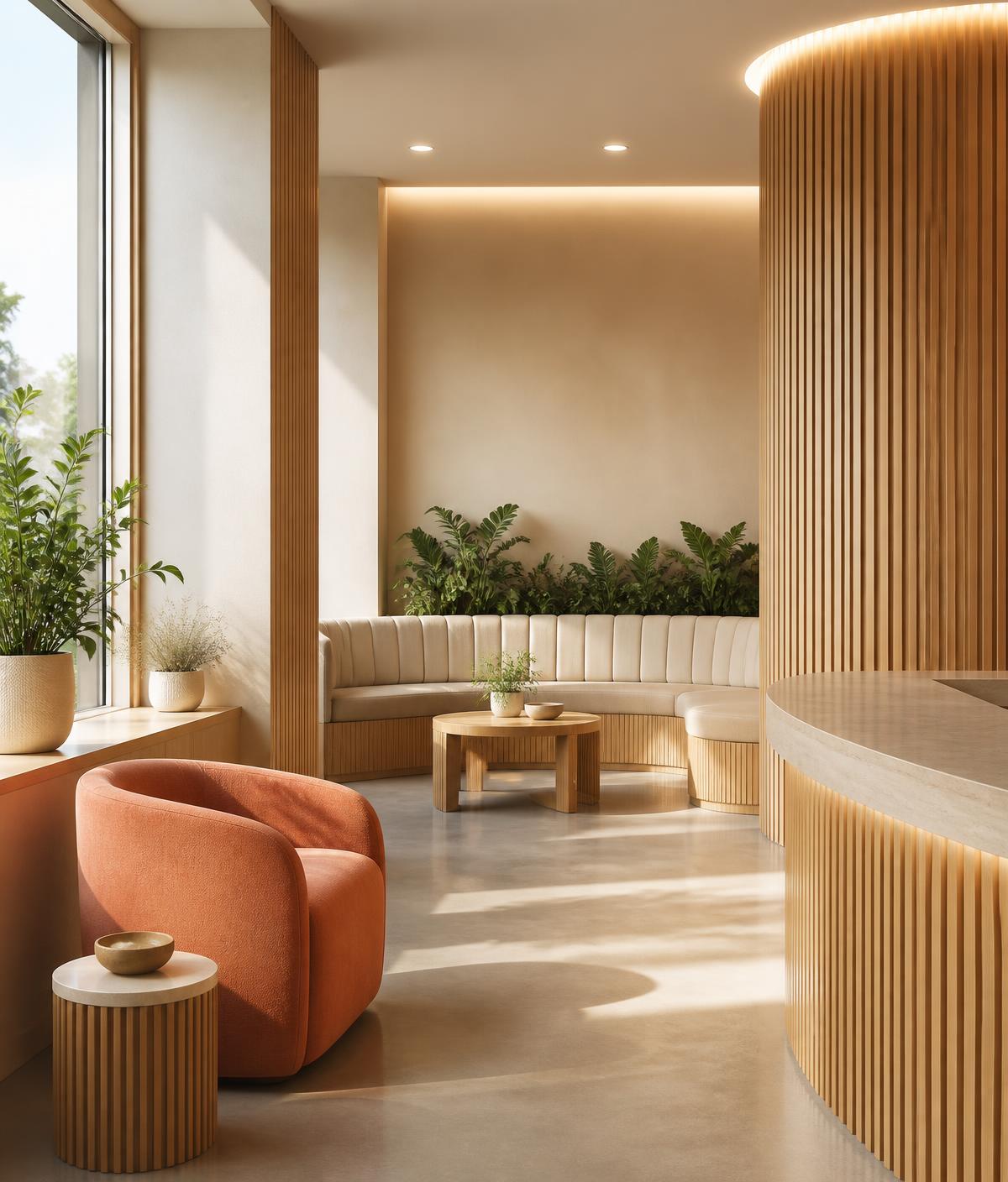 Recepção da Clínica Lumen com madeira clara, poltrona coral e luz natural