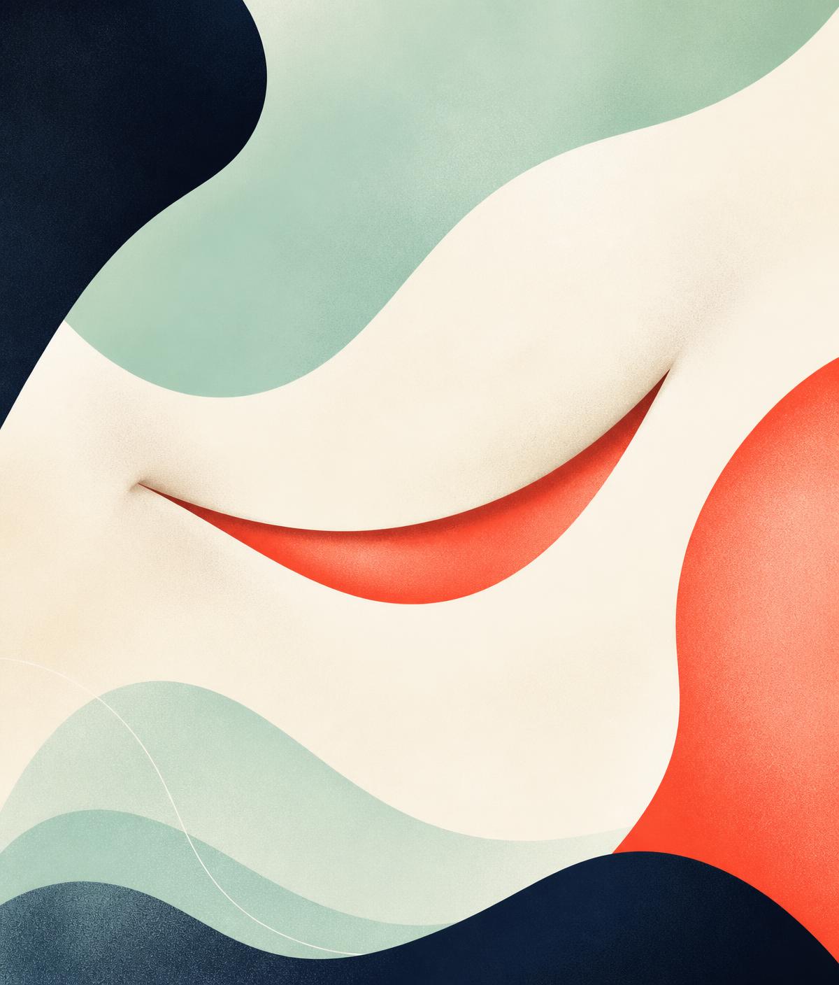 Composição gráfica abstrata em tons de coral, menta e areia representando a curva de um sorriso